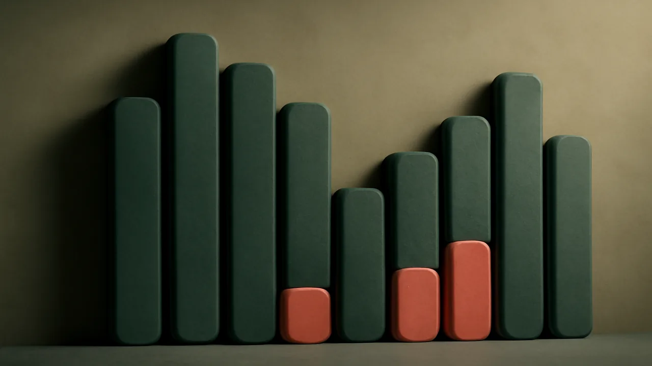 Editorial 3D render of an abstract bar chart in sage green and coral, comparison-data feel